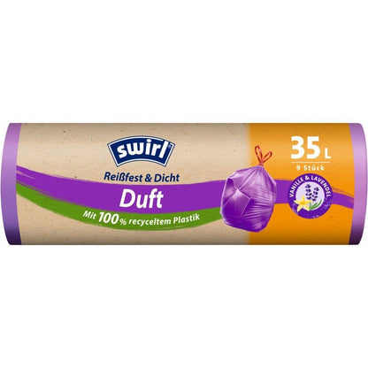 The Swirl scented garbage bags Vanilla Lavender 35L from Melitta Europa GmbH & Co. KG are delivered in a roll with 9 scented bags made from 100% recycled plastic and are adorned with purple accents and a vanilla-lavender scent symbol on the packaging.