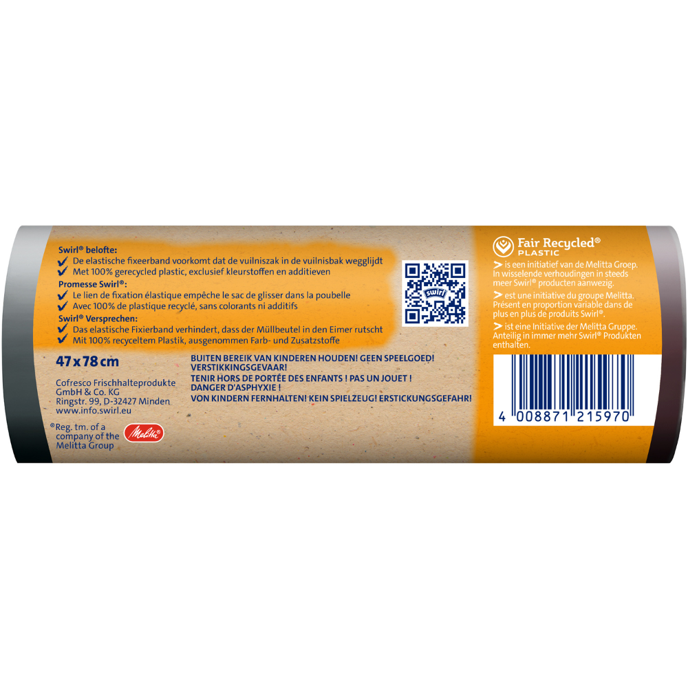 Eine Rolle Swirl Fixierband-Müllbeutel XL 30 l extra Lang (10 Beutel) von Melitta Europa GmbH & Co. KG hat ein orange-weißes Etikett mit Produktinformationen, einem QR-Code, Barcode, mehrsprachigem Text und Angaben: 47 x 78 cm, 100 % recycelter Kunststoff.