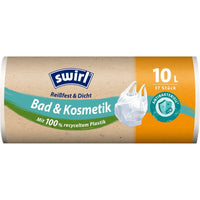A role Swirl The Melitta Europa GmbH & Co. KG 10-liter Bathroom & Cosmetics Trash Bags with Carrying Handle contain 37 tear-resistant, leak-proof bags made from recycled plastic—ideal for hygienic and eco-friendly waste disposal in the bathroom.
