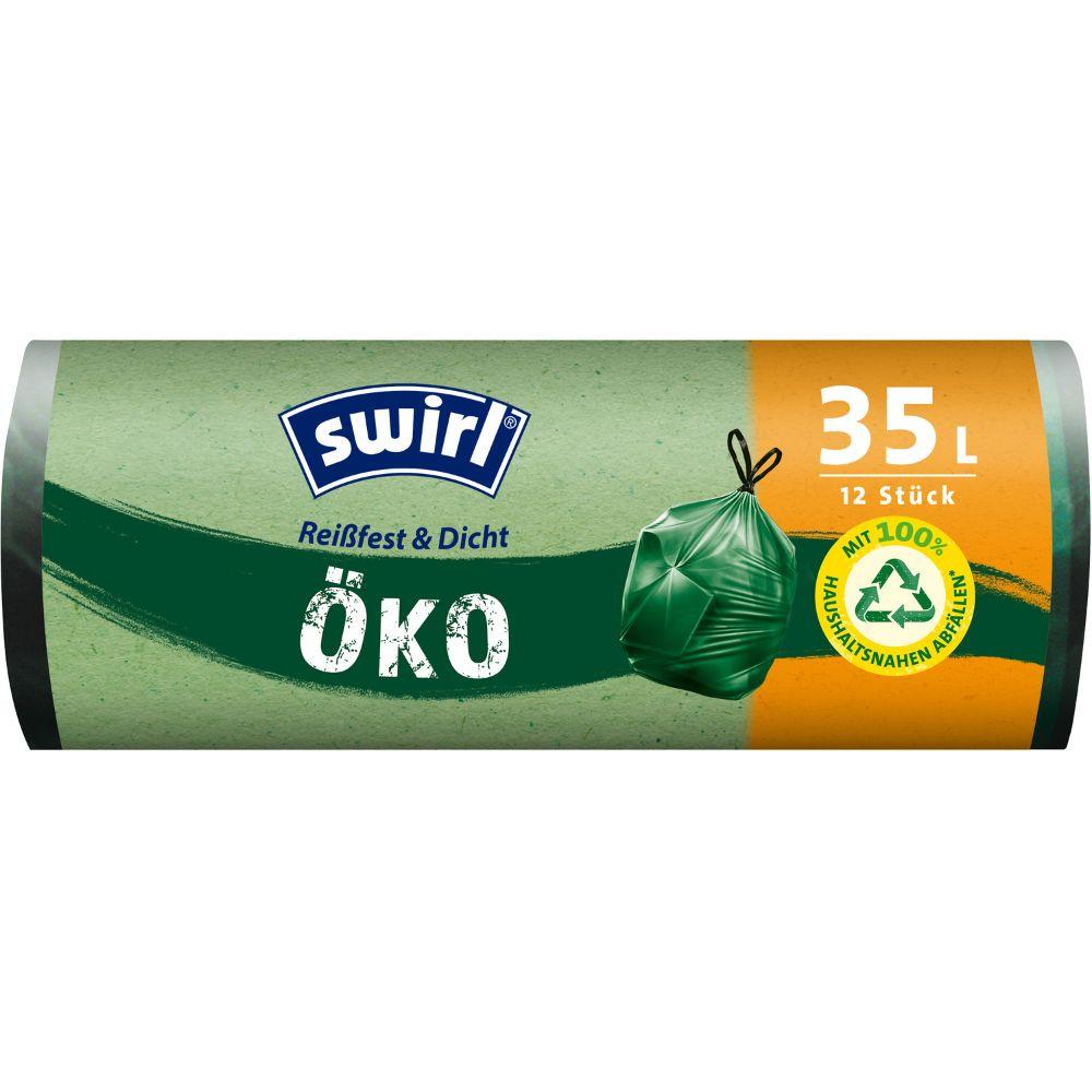 Eine Rolle Swirl Öko-Müllbeutel mit Zugband 35 l Reißfest & Dicht von Melitta Europa GmbH & Co. KG enthält 12 Beutel in überwiegend grüner Verpackung, mit gebundenem Beutelbild und umweltfreundlichen Etiketten wie „recyceltem Plastik“.