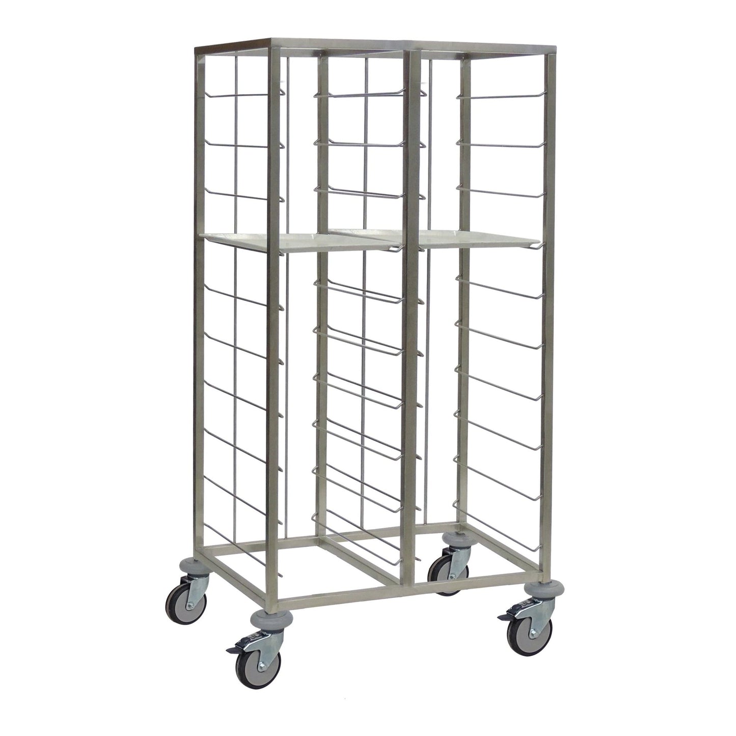 The Novocal tablet trolley, 2-row made of stainless steel with an open frame and multiple shelves for tablets as well as four swivel casters, is ideal for use in hospitals or the catering industry.