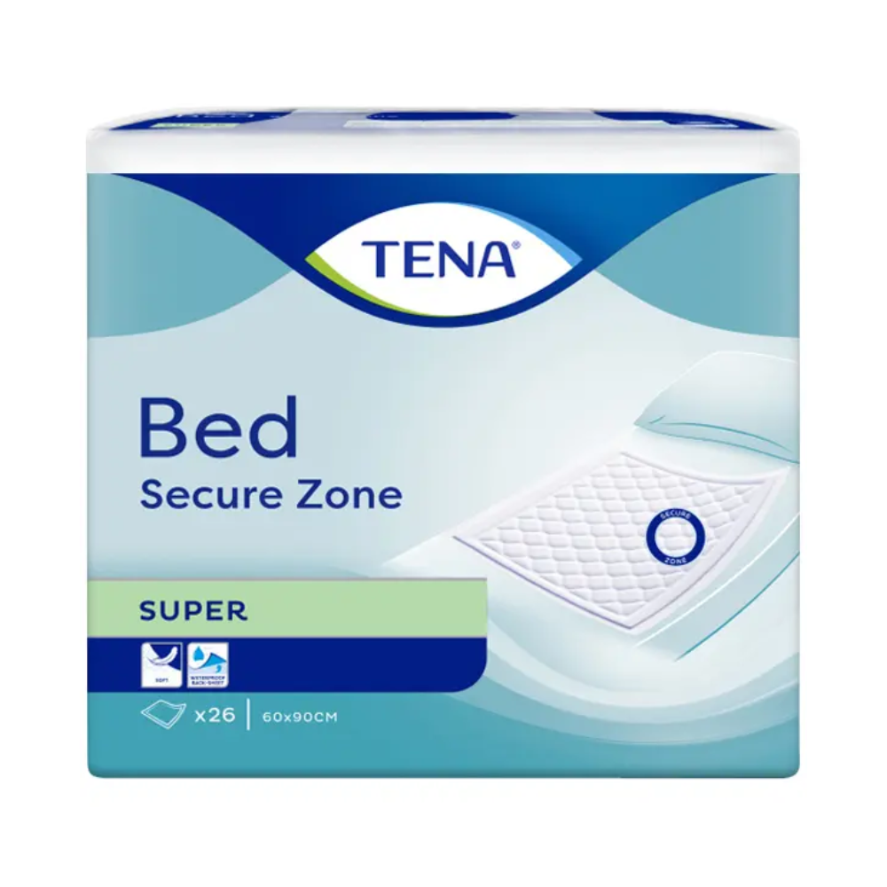 Das TENA Bed Super Bettschutzunterlagen-Paket von TENA – Essity Germany GmbH ist in beruhigendem Blau und Weiß gehalten und zeigt ein auffälliges Bild einer Bettunterlage. Es enthält detaillierte Produktinformationen wie die Abmessungen (60 x 90 cm) und wird in einer Packung mit 26 Stück geliefert. Dabei wird der Auslaufschutz und die superabsorbierenden Mikroperlen für eine optimale Inkontinenz-Schutzunterlage-Pflege hervorgehoben.
