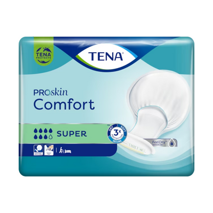 The packaging of the TENA Comfort Super incontinence pad, with its clear product presentation, emphasizes the dermatologically tested and dryness protection properties through clear icons. The predominantly blue and green design facilitates identification.