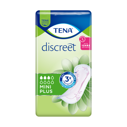 The packaging of the TENA Discreet Mini Plus incontinence pad, manufactured by TENA - Essity Germany GmbH, is designed in blue and green. It highlights features like "up to 12 hours dryness" and "3-fold protection odor control" for triple protection. Additionally, there is a striking image of a pad with a floral pattern to emphasize effective bladder weakness protection. The package contains 20 pieces.