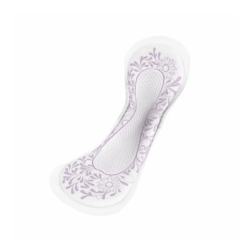 A detailed image of a TENA Discreet Normal Night incontinence pad, showing its white base with light purple floral patterns on the sides. This pad was developed by TENA – Essity Germany GmbH to provide protection against urinary incontinence and features a textured center to enhance absorbency.