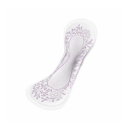 A detailed image of a TENA Discreet Normal Night incontinence pad, showing its white base with light purple floral patterns on the sides. This pad was developed by TENA – Essity Germany GmbH to provide protection against urinary incontinence and features a textured center to enhance absorbency.