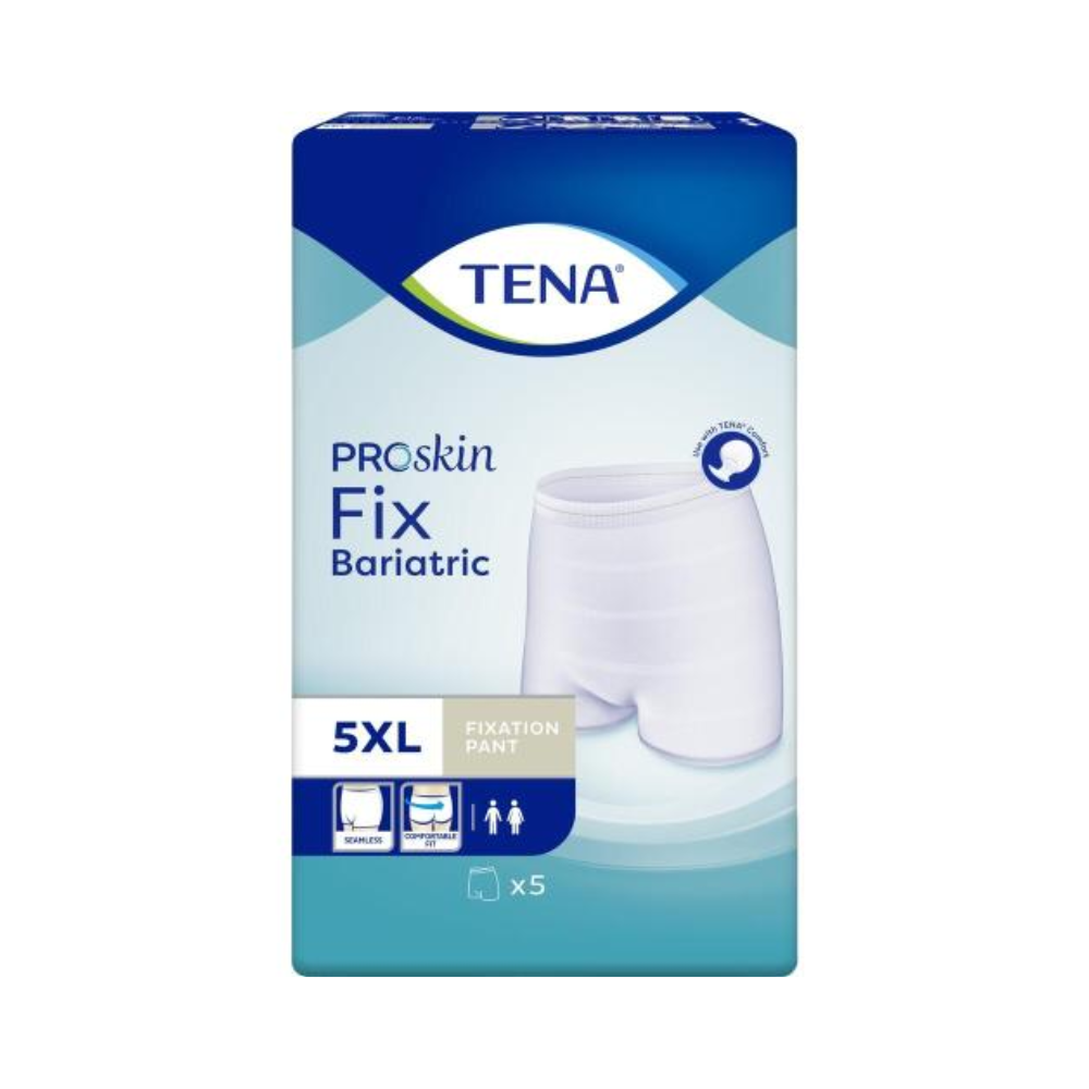 The packaging for the TENA Fix Bariatric Incontinence Fixation Pants, size 5XL, by TENA - Essity Germany GmbH consists of a box with the image of a white, seamless pant with symbols indicating its unisex and bariatric suitability. Contains five fixation pants.