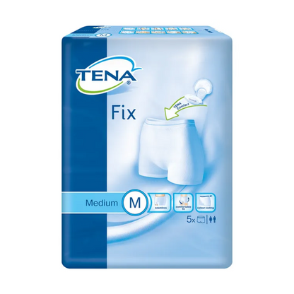 Ein Bild der TENA Fix Inkontinenz-Fixierhosen-Verpackung von TENA - Essity Germany GmbH in Blau und Weiß zeigt weiße Unterhosen im Slip-Stil mit der Aufschrift „Medium M“. Das Design betont Waschbarkeit, Komfort und Auslaufschutz und weist auf ein Set aus fünf Artikeln hin, die auf maximalen Schutz zugeschnitten sind.
