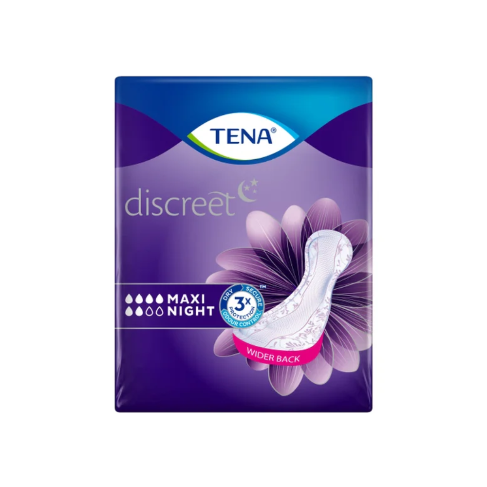 Die TENA Lady Discreet Protect+ Maxi Night Inkontinenzeinlagen von Essity Germany GmbH haben eine violette Verpackung mit einem weißen Einlagenbild, dem Text „3x Schutz“ und Saugtröpfchen. Die InstaDRY-Technologie verstärkt die breitere Rückseite für optimalen Komfort und Sicherheit. Die Packung enthält 12 Stück.