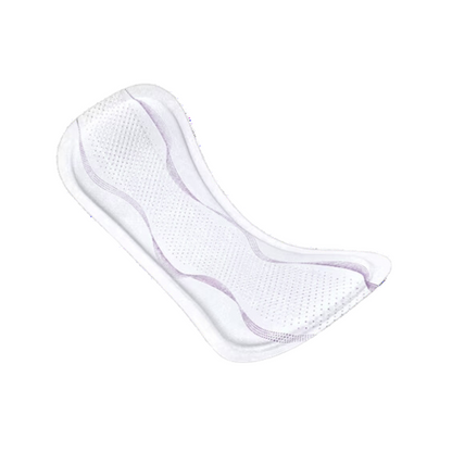 A close-up of a TENA Lady Mini Plus panty liner, showing its contoured white shape with a textured surface and wavy pattern in the middle. It was designed as an incontinence product and features DryZone technology for enhanced comfort. The liner is seen against a flawlessly white background.