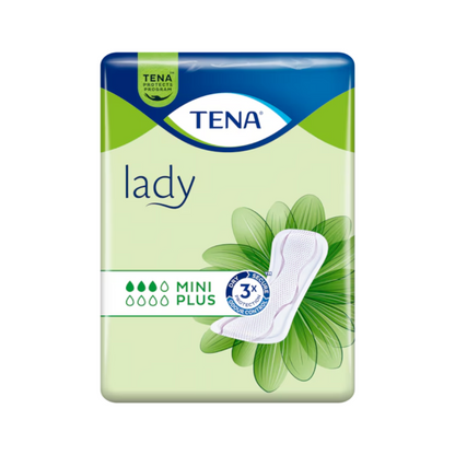 The packaging of the TENA Lady Mini Plus panty liner from Essity Deutschland GmbH is green and prominently features the brand's logo at the top. Next to the text "3x Protection," which highlights the DryZone technology for improved effectiveness against bladder weakness, an image of a liner is visible.