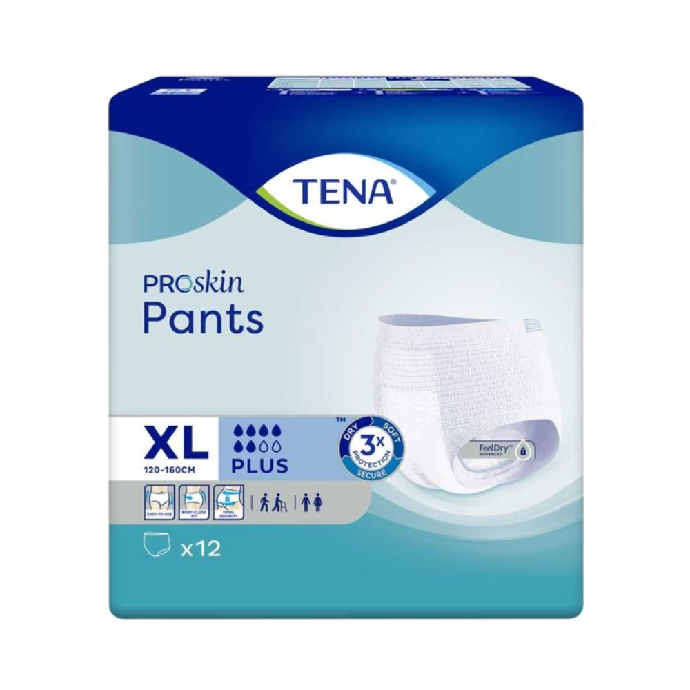 Die TENA Proskin Pants Plus Inkontinenzhosen in Größe XL (120-160 cm) verfügen über eine 3-fache Saugkraft und sind damit perfekt für Personen mit Übergröße. Dieses 12er-Pack enthält eine feuchtigkeitsreduzierende Technologie mit einer FeelDry-Schicht, die dafür sorgt, dass diese Inkontinenzhosen außergewöhnlichen Komfort und Trockenheit bieten.