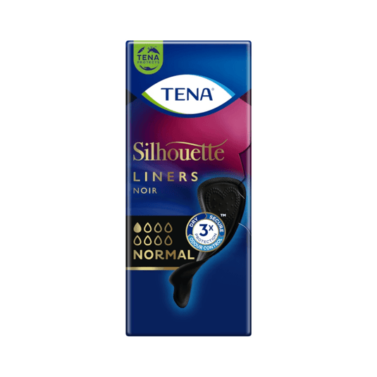 Die Verpackung für TENA Silhouette Noir Normal Slipeinlage, schwarz ist elegant gestaltet und besteht aus einer dunkelblauen Box mit rosa Akzenten. Sie zeigt das TENA-Logo und ein Bild der Einlage, das die Saugstärke „Normal“ und den Dreifachschutz für 3x Fresh Odour Control hervorhebt.