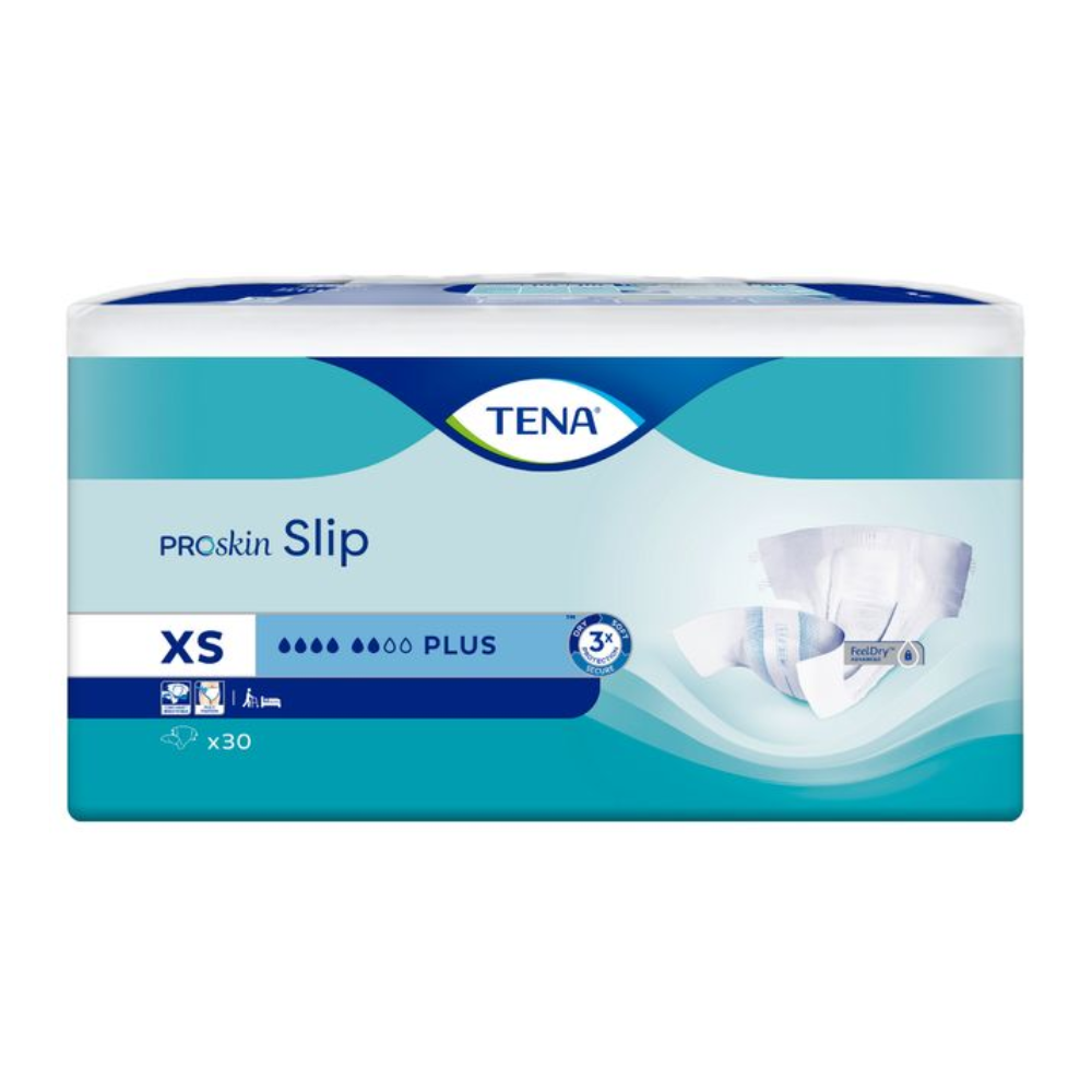 Eine Packung TENA Slip Plus Inkontinenzvorlage mit Hüftbund in der Größe Extra Small. Die hellblau-weiße Verpackung, gekennzeichnet mit „XS“ und „Plus“ Saugstärke, zeigt rechts ein Bild des Produkts. Jede Packung enthält 30 Slips mit hervorragendem Auslaufschutz für zuverlässigen Schutz.