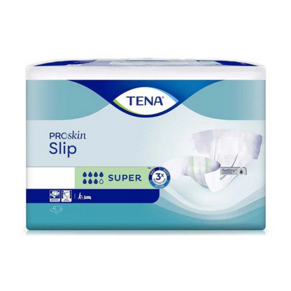 The image shows a pack of TENA Slip Super incontinence pad with waistband for adults. The predominantly blue-white design highlights leakage protection symbols for exceptional absorbency and comfort, with a depiction of the product on the right side, ensuring reliable protection.