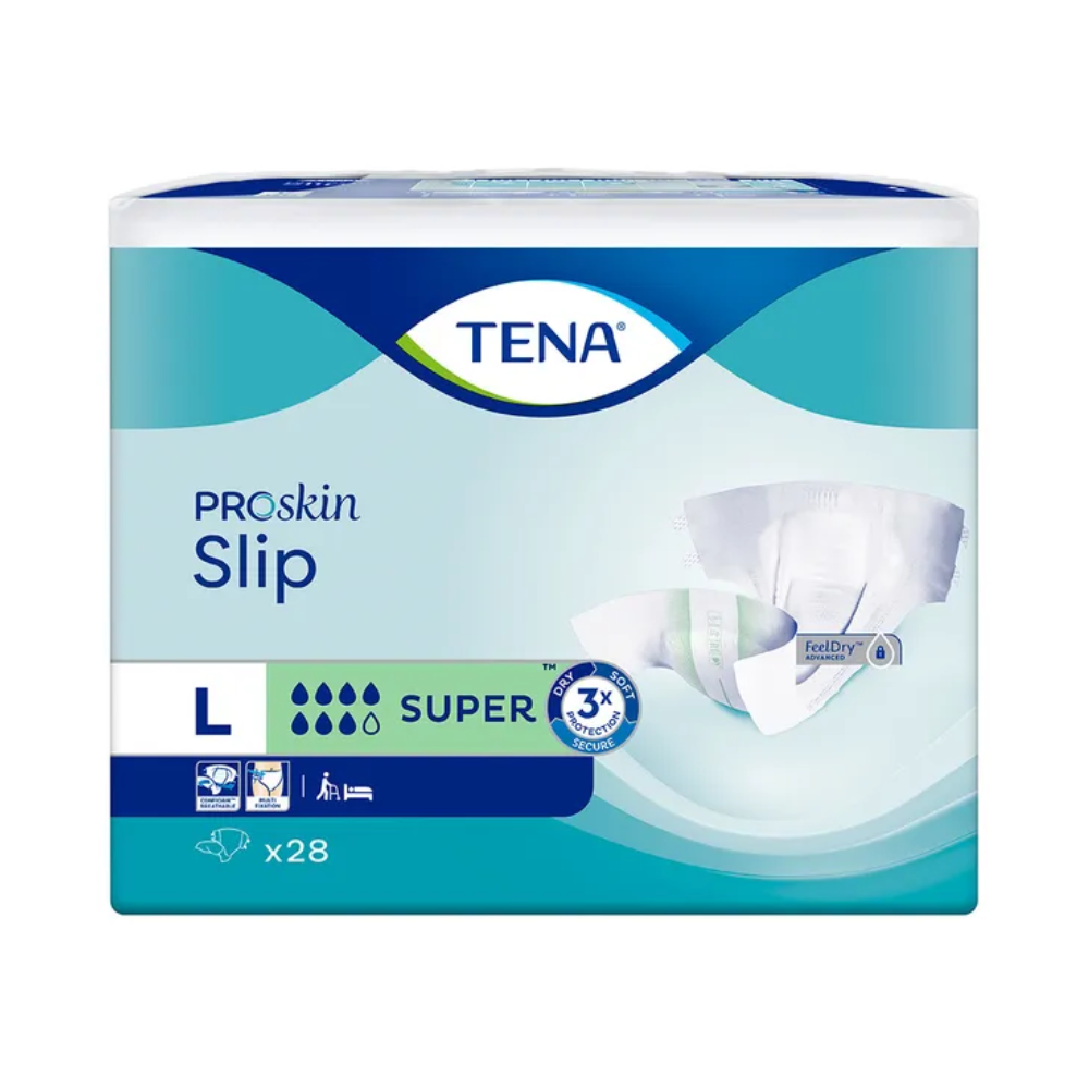 Eine Packung TENA Slip Super Inkontinenzvorlage mit Hüftbund, Größe Large, mit 28 Stück. Die Packung ist in blau-weiß gehalten und weist mit Produktinformationen und einem Bild des Slips auf dessen zuverlässigen Auslaufschutz hin.
