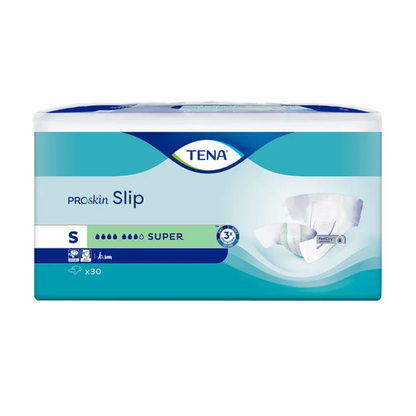 The packaging of the TENA Slip Super incontinence pad with waistband, size Small, highlights the leakage protection through a product image and a text indicating a quantity of 30 pieces. The design is characterized by striking blue and green tones.