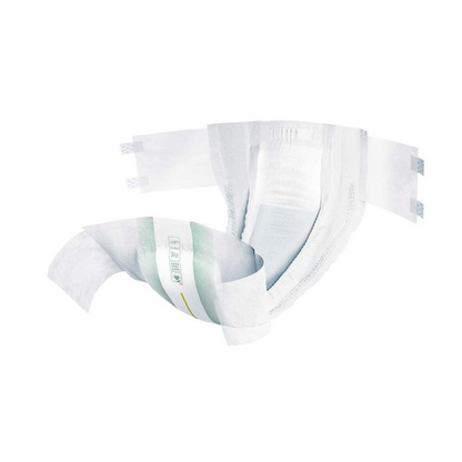 The TENA Slip Super incontinence pad with waistband by TENA – Essity Germany GmbH is a large disposable adult diaper with adjustable adhesive tabs and contoured design for a secure fit. Its white exterior with light green accents offers reliable leakage protection and provides a reassuring feeling for the wearer.