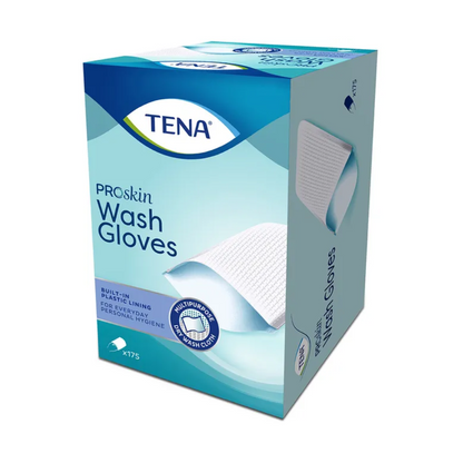 The image shows a box of TENA Wash Gloves wash gloves by TENA - Essity Germany GmbH with a blue-white design that highlights the latex-free plastic lining for body cleaning. The packaging indicates that 175 gloves are included, perfect for personal hygiene.