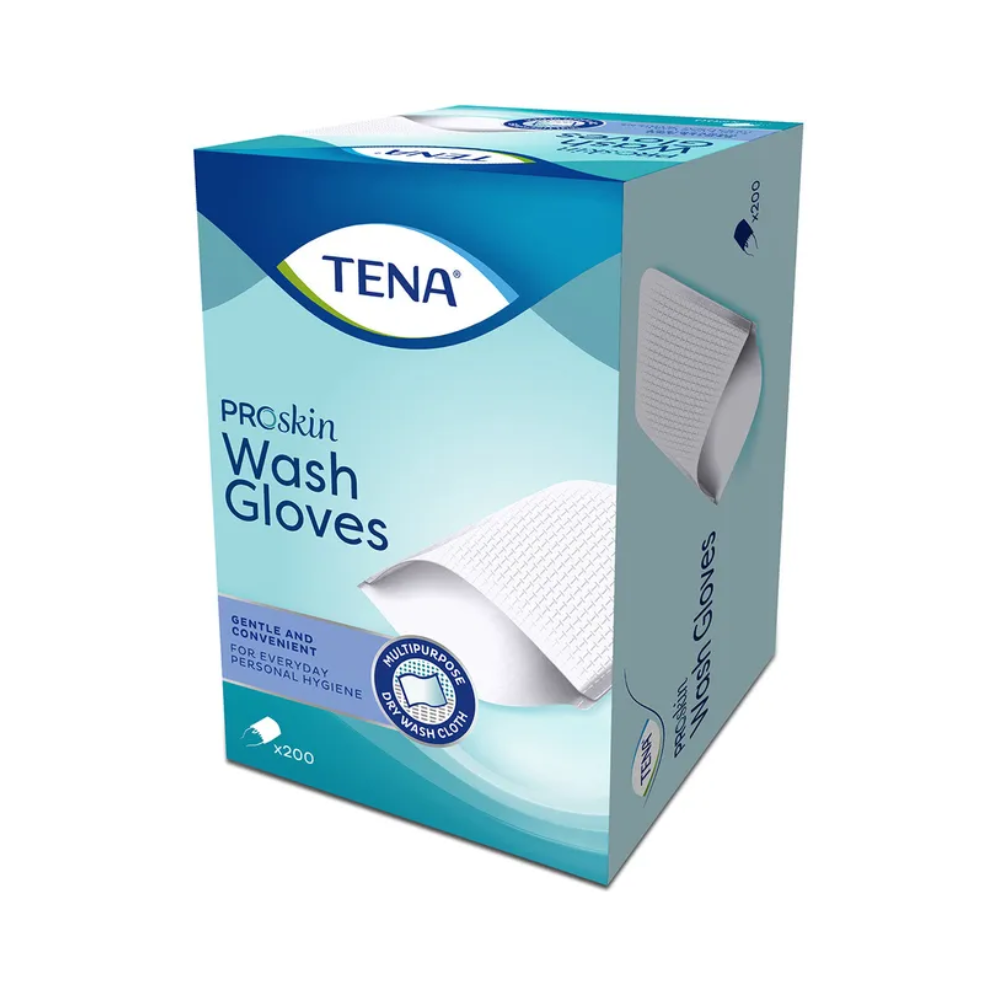 Image of a box of TENA Wash Gloves wash gloves by TENA - Essity Germany GmbH. The packaging is predominantly light blue and shows the image of a glove, emphasizing the 'GENTLE AND PRACTICAL' use for body cleaning. It contains 'ALOE VERA & CHAMOMILE' and is a latex-free product with 200 gloves for daily body hygiene.