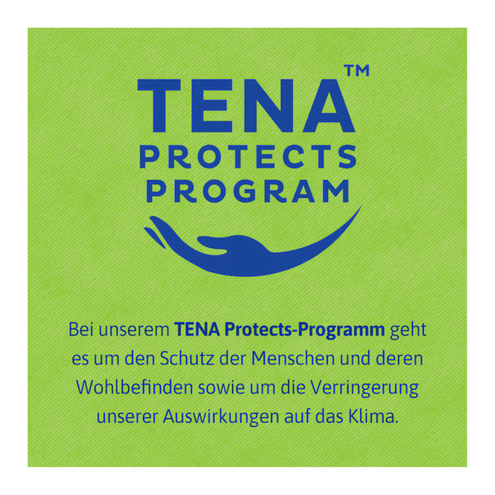 Ein quadratisches Bild mit grünem Hintergrund zeigt "TENA Protects Program" in Blau über einer geschwungenen Linie. Der deutsche Text erklärt, wie TENA Bed Plus von TENA - Essity Germany GmbH das Wohlbefinden unterstützt und zur Reduzierung der Klimaauswirkungen beiträgt.