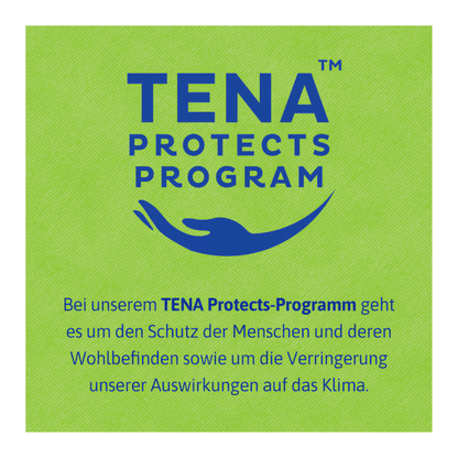 Ein quadratisches Bild mit grünem Hintergrund zeigt "TENA Protects Program" in Blau über einer geschwungenen Linie. Der deutsche Text erklärt, wie TENA Bed Plus von TENA - Essity Germany GmbH das Wohlbefinden unterstützt und zur Reduzierung der Klimaauswirkungen beiträgt.