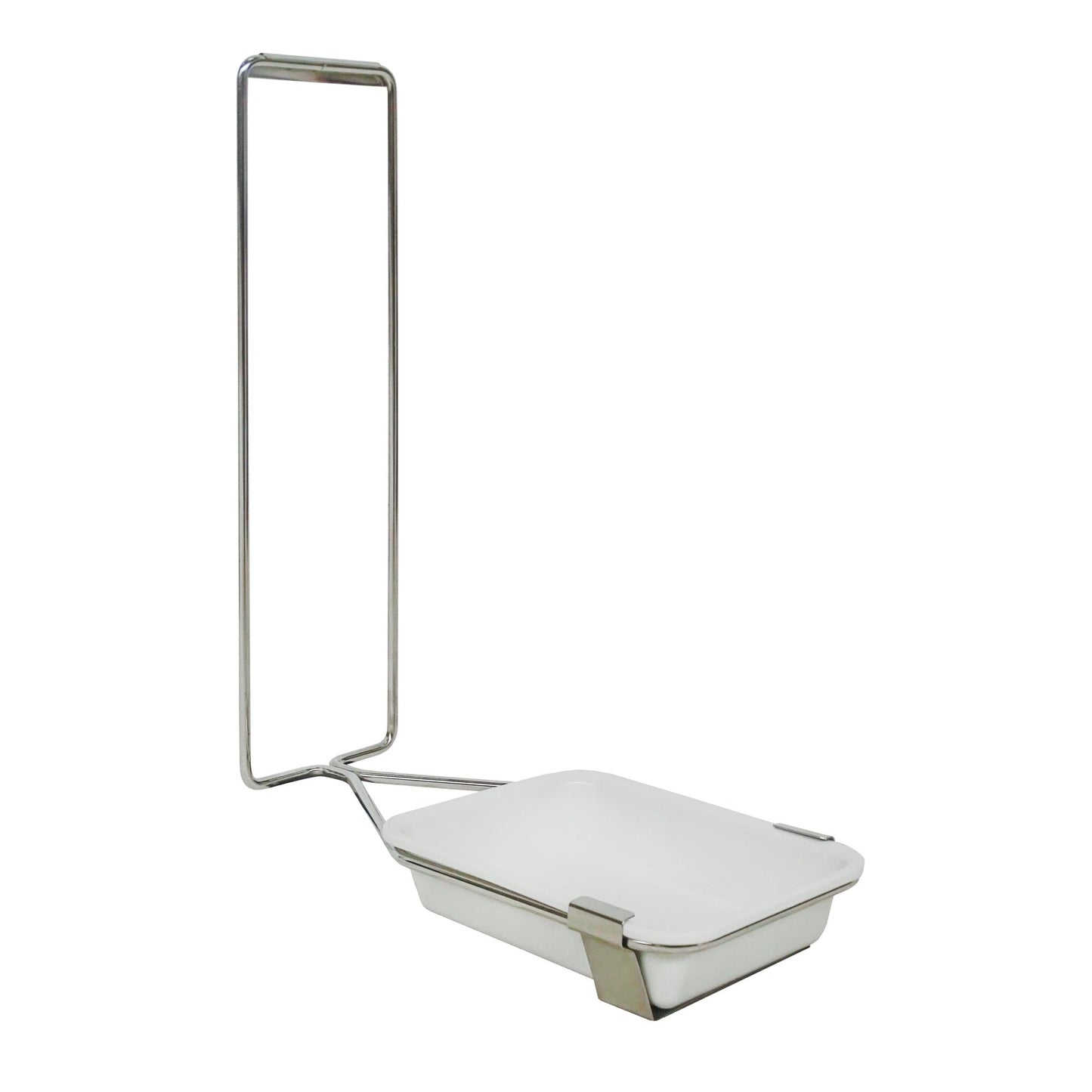 The Novocal drip tray suitable for automatic dispensers DMS5-AO and DMS10-AO (1 piece) from Novocal is a rectangular white tray supported by a sturdy metal frame and has a high upright handle on one side.