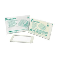 Two packages back, a rectangular Tegaderm Film 3M transparent dressing (10 x 12 cm, pack of 5, Solventum Germany GmbH) is shown, along with product information and an illustration of how to apply the adhesive tape.
