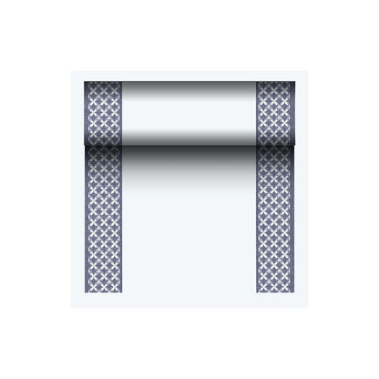 Der PAPSTAR Tischläufer stoffähnlich PV-Tissue Mix, „ROYAL Collection“ von PAPSTAR GmbH, besteht aus einem hochwertigen Zellstoff-Viskose-Tissue-Mix. Er verfügt über zwei schmale dunkelblaue Ränder mit einem sich wiederholenden X-Muster, vor einem elegant weißen Mittelpunkt. Perfekt, um jedem Ambiente Raffinesse zu verleihen.