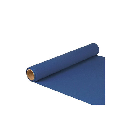 A roll of PAPSTAR table runner tissue "ROYAL Collection" in dark blue, partially unrolled on a white background, shows its smooth texture and the elegant cylindrical cardboard core. This product is FSC® certified and measures 5 m x 40 cm, from PAPSTAR GmbH.