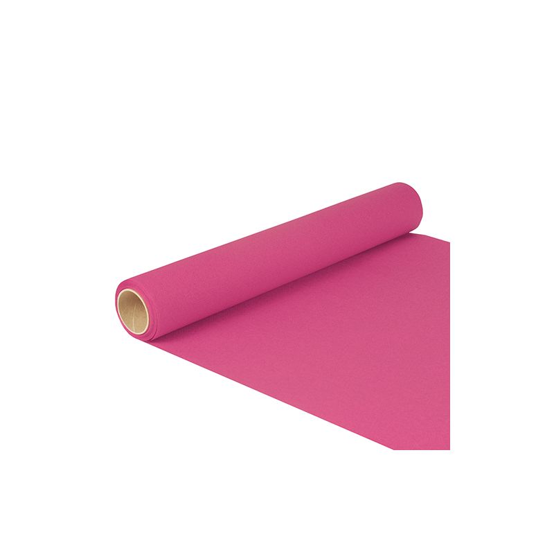 A roll of pink paper resembling the PAPSTAR table runner tissue "ROYAL Collection" in the dimensions 5 m x 40 cm is partially unrolled on a white background, showing the FSC® certification and the commitment of PAPSTAR GmbH to sustainability.