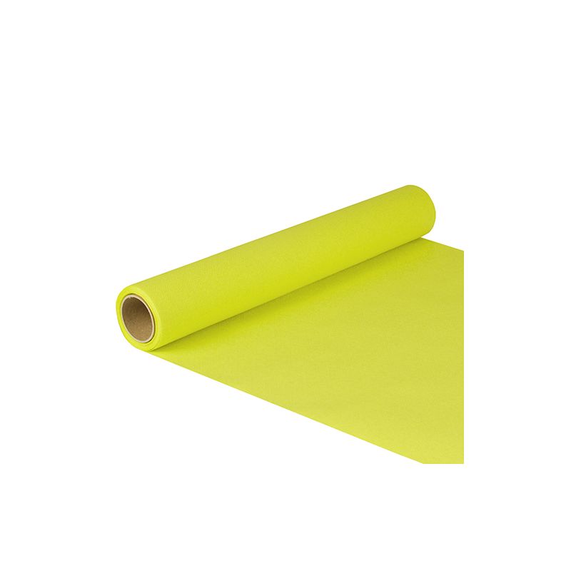 A roll of bright yellow-green paper, similar to the PAPSTAR table runner tissue "ROYAL Collection" 5 m x 40 cm from PAPSTAR GmbH, is partially unrolled. The smooth texture is tightly wrapped around a cardboard tube. The image on a plain white background points to the commitment to sustainability with FSC® certification.
