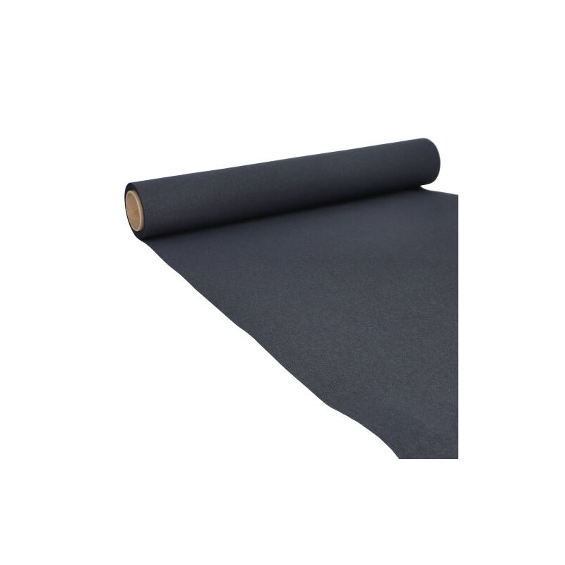 A roll of PAPSTAR table runner tissue "ROYAL Collection" in black, partially unrolled on a white background, resembles a stylish table runner. The smooth and densely woven material, with the roll edge clearly visible, adds an elegant touch to any table decoration.