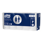 A carton of Tork 110782 extra soft small roll toilet paper Advanced T4 contains 30 rolls. The packaging is predominantly in blue and white colors and indicates with the symbols of a man and a woman its use as a bathroom product. The label states "3-ply extra soft toilet paper", which guarantees both comfort and quality.