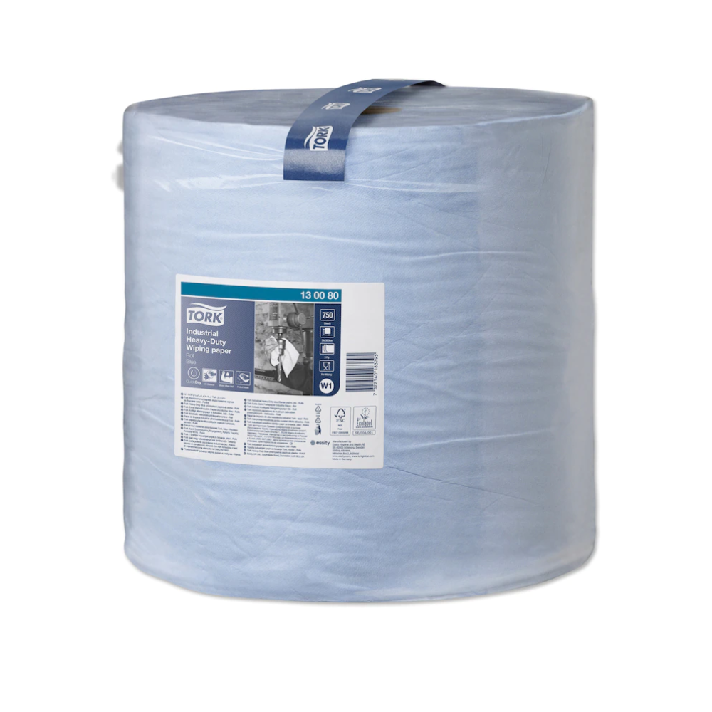 The Tork 130080 Premium High-Performance Industrial Wiping Paper Roll in Light Blue and Plastic Packaging features a 3-ply design label with product details and a worker image. Brand: TORK - Essity Professional Hygiene Germany GmbH.