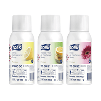 Three Tork 236056 air freshener sprays in a mixed pack (Citrus, Tropical Fruit, Floral) with matching designs on white labels—ideal for neutralizing odors and providing long-lasting freshness. The box contains 12 bottles.