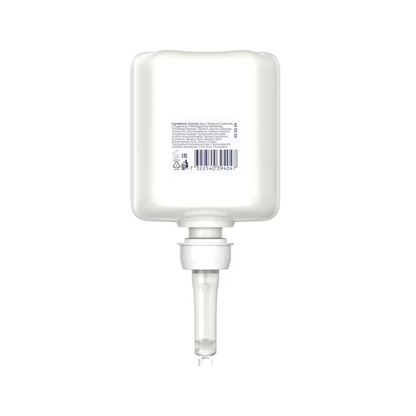 Abgebildet ist ein weißer rechteckiger Behälter mit Bodendüse, auf dem Text und ein Barcode zu sehen sind. Dieses Tork 420202 Sensitive Feuchtigkeitsspendende Handdesinfektion Premium von TORK – Essity Professional Hygiene Germany GmbH eignet sich ideal zum Verteilen von feuchtigkeitsspendendem Handdesinfektionsgel und bekämpft wirksam Krankheitserreger.