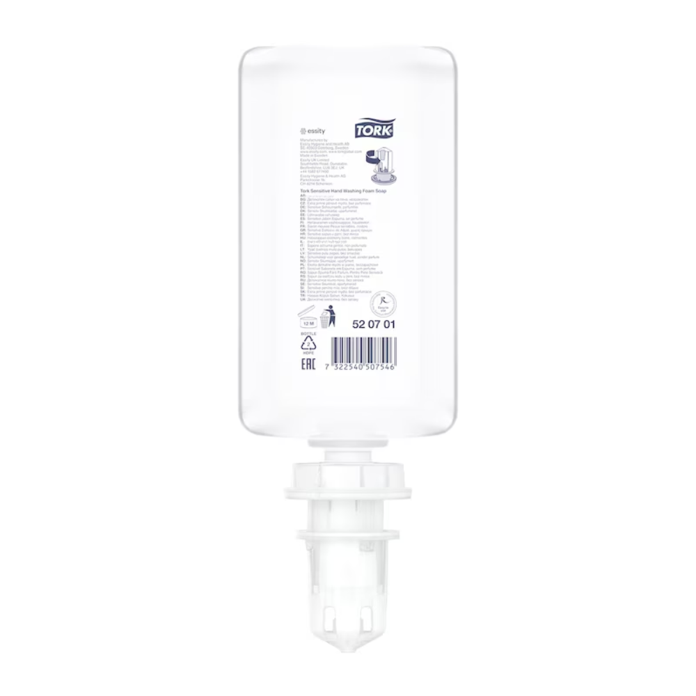 A transparent 1000 ml refill bottle of Tork 520701 Sensitive Hand Foam Soap Premium S4 made of plastic with a white cap and dispenser, depicted upside down. The label bears the TORK logo and indicates ECARF certification and skin compatibility.