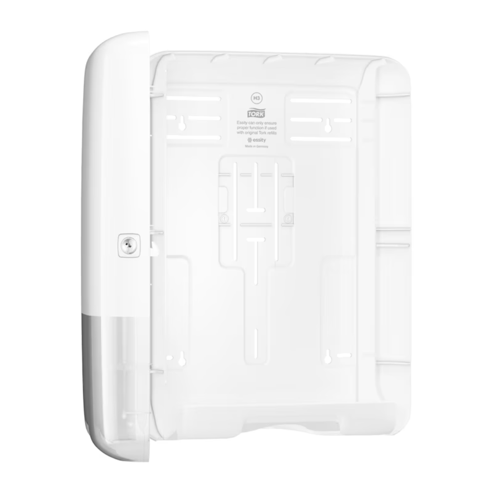 The Tork 553000 dispenser for zigzag towels Elevation H3 from TORK – Essity Professional Hygiene Germany GmbH is a white, wall-mounted plastic holder with an open elevation design. It has compartments and slots for secure storage of items and a keyhole on the left side for locking, making it ideal for organizing or securing components.