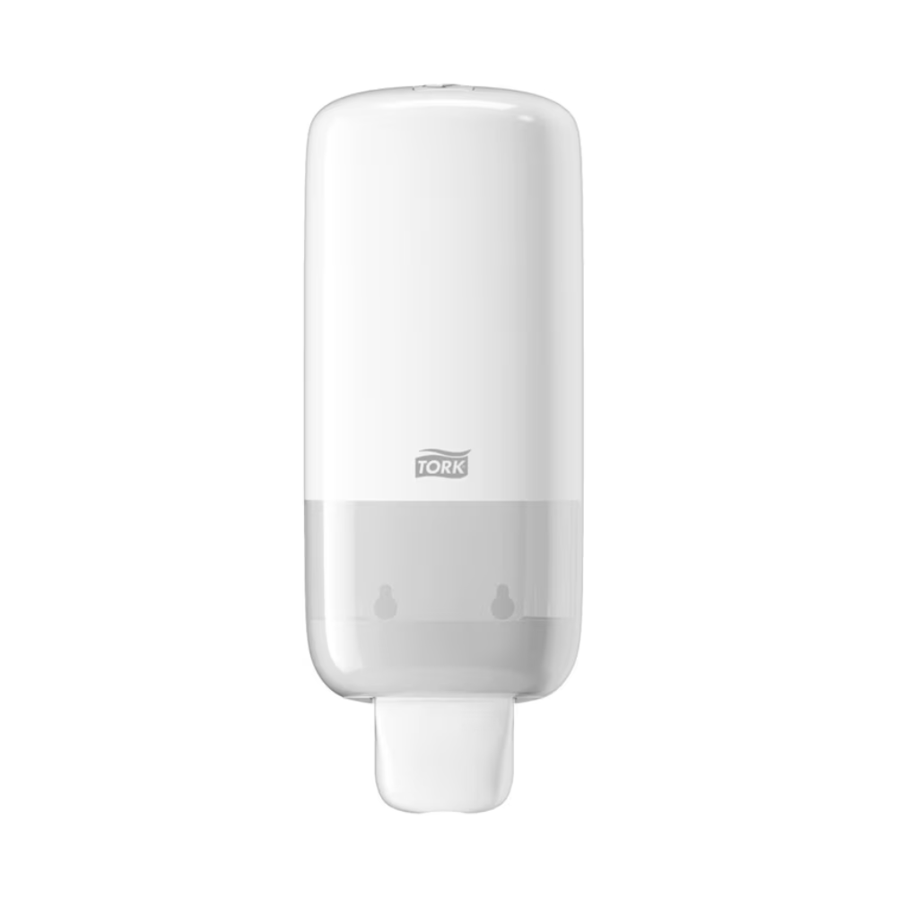 The Tork 561500 dispenser for soap and hand sanitizer Elevation S4 by TORK – Essity Professional Hygiene Germany GmbH is a wall-mounted, white soap dispenser in the Elevation design. It features a semi-transparent lower section for easy monitoring of the soap level and promotes hand hygiene with its push-button mechanism at the bottom for smooth dispensing.