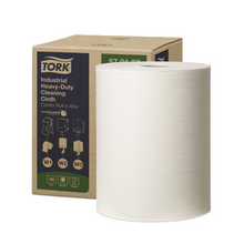 A large roll of Tork 570137 Extra Strong Industrial Cleaning Cloths W1 W2 W3 1-ply, ideal for degreasing tasks, stands in front of its cardboard packaging. The box from TORK – Essity Professional Hygiene Germany GmbH shows images and labels highlighting the versatile use of these reusable cleaning cloths.