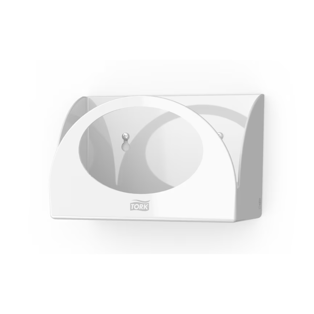 The Tork 655100 Small Pack Paper Dispenser Performance W8, manufactured by TORK – Essity Professional Hygiene Germany GmbH, is a white, wall-mounted tissue box holder that allows for space-saving wall installation. It has an open front design with two visible screws inside and is marked with 'Tork' to ensure hygienic protection.