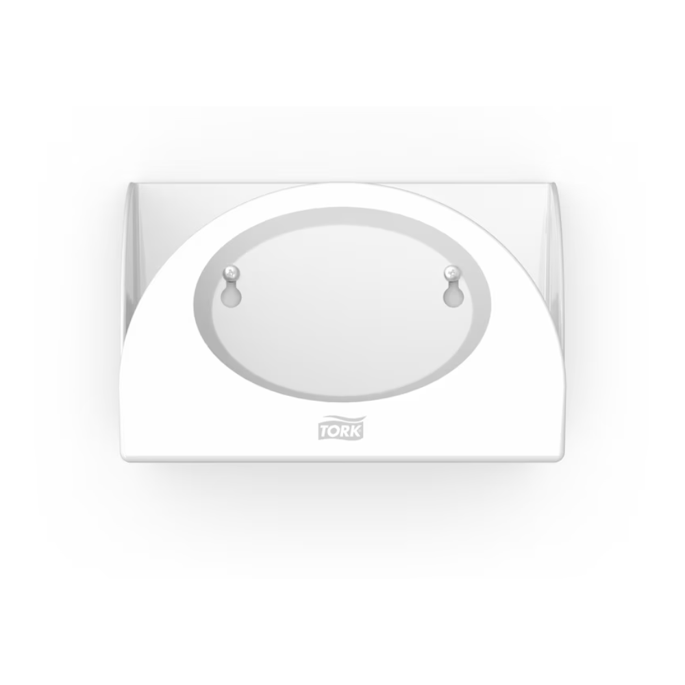 The Tork 655100 Small Pack Paper Dispenser Performance W8 by TORK – Essity Professional Hygiene Germany GmbH is a white, minimalist paper towel dispenser with a semi-circular opening and two visible round closures that provide hygienic protection. Its sleek design allows for space-saving wall mounting, making it ideal for modern spaces.