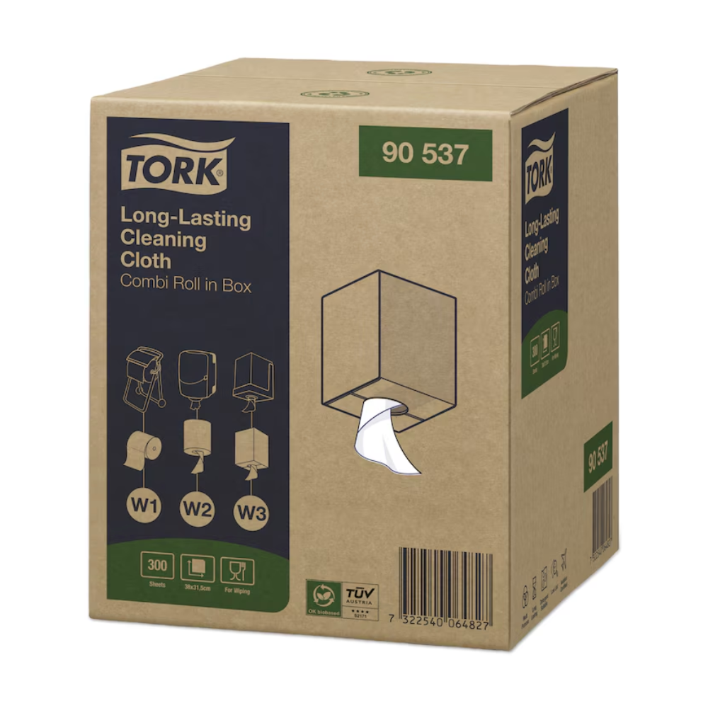 Ein Karton mit Tork 90537 Langlebige Reinigungstücher Premium W1 W2 W3 von TORK – Essity Professional Hygiene Germany GmbH, mit Produktdetails und Gebrauchsanweisung. Die Spenderöffnung gibt den Blick auf ein weißes, fusselfreies Reinigungstuch frei, auf dessen Oberseite und Seite die Modellnummer 90537 deutlich zu erkennen ist.