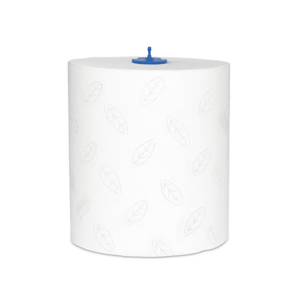 A large, white Tork Matic® 290016 soft roll towel Premium H1 2-ply with a subtle leaf pattern and a blue plastic dispenser cap in the center, designed for use in commercial or industrial dispensers. The TORK Premium H1 2-ply roll stands upright against a plain background.