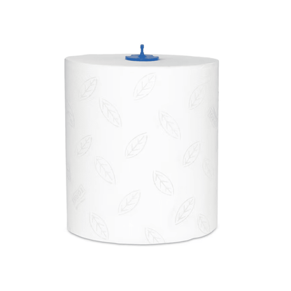 A large, white Tork Matic® 290016 soft roll towel Premium H1 2-ply with a subtle leaf pattern and a blue plastic dispenser cap in the center, designed for use in commercial or industrial dispensers. The TORK Premium H1 2-ply roll stands upright against a plain background.