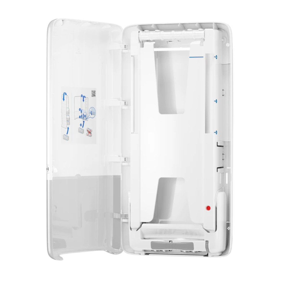 Open the Tork PeakServe® 552500 storage case, which features an elegant, minimalist design and is ideal for high-traffic washrooms. Inside are compartments and a diagram with blue markings on the left side. The smooth exterior has a translucent top section, making it perfect for storing your Tork PeakServe essentials.