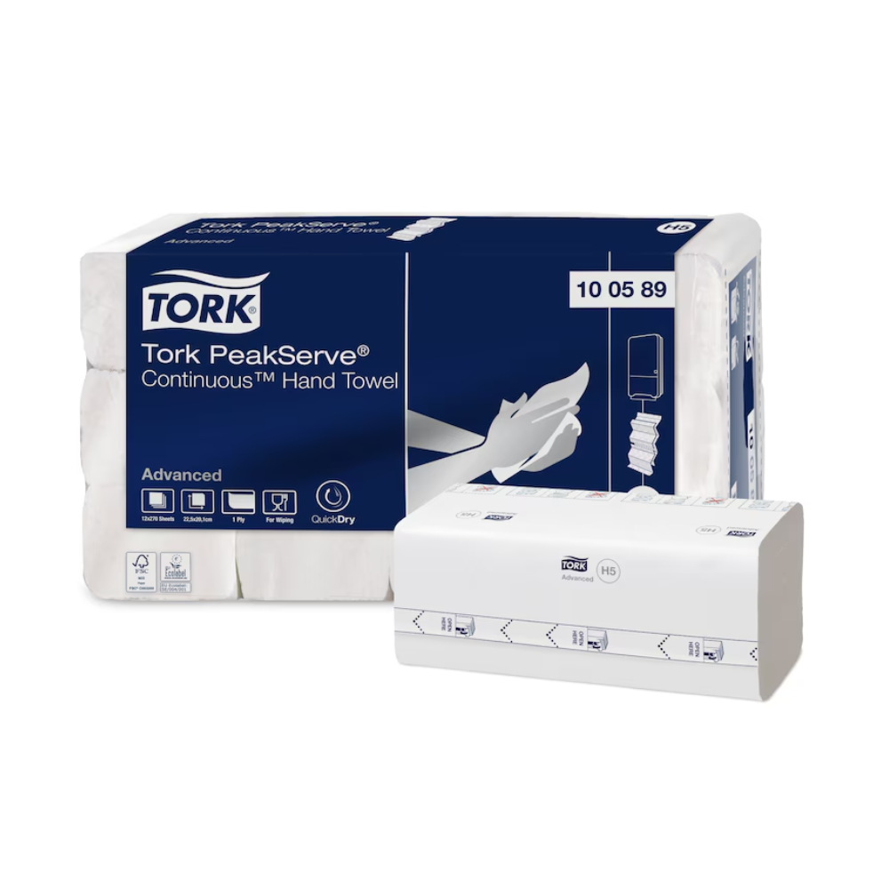 On the packaging of Tork PeakServe® 100589 Endless™ Hand Towels Advanced H5 1-ply, the product name and logo are clearly visible, accompanied by an illustration of the single towel dispensing. Surrounding symbols emphasize features such as high capacity and quick dispensing. The packaging number 100589 is clearly visible.