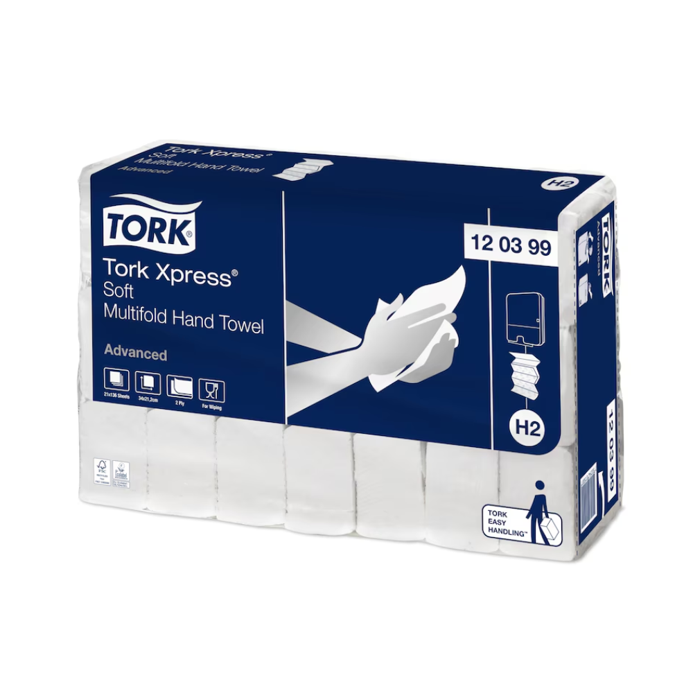 Paket mit Tork Xpress® 120399 Soft Multifold-Handtuch, hervorgehoben in blau-weißer Verpackung mit einer Abbildung von Händen und einem Handtuchspender. Es trägt die Bezeichnung „Advanced H2“ und enthält 21 Pakete aus recycelten Fasern.