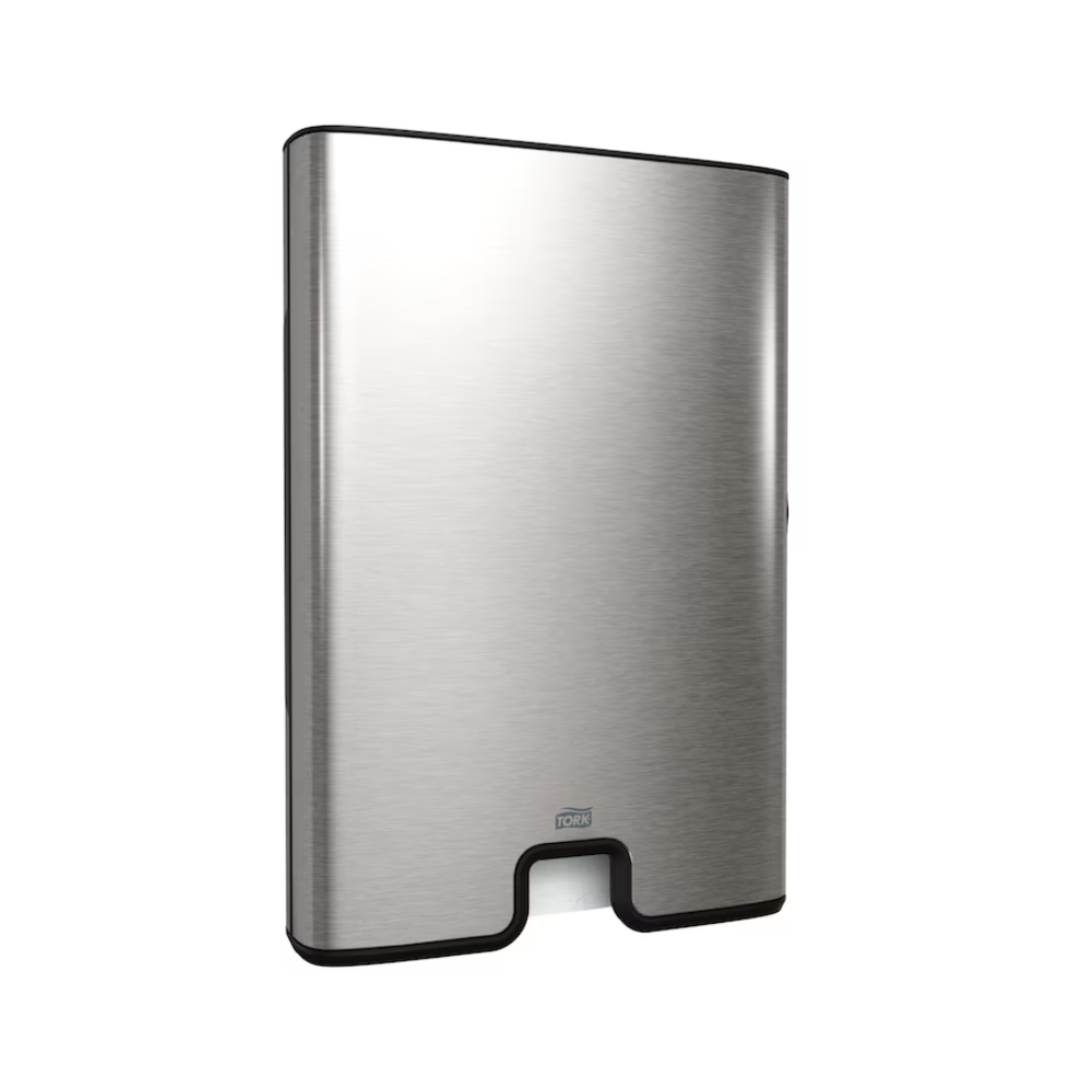 A wall-mounted stainless steel hand dryer with a sleek, rectangular design and a rounded bottom edge. The brushed, reflective surface clearly displays the logo of the Tork Xpress® 460004 dispenser for Multifold Hand Towels at the bottom center, emphasizing its eco-friendly appeal with the CO2-neutral performance of TORK – Essity Professional Hygiene Germany GmbH.